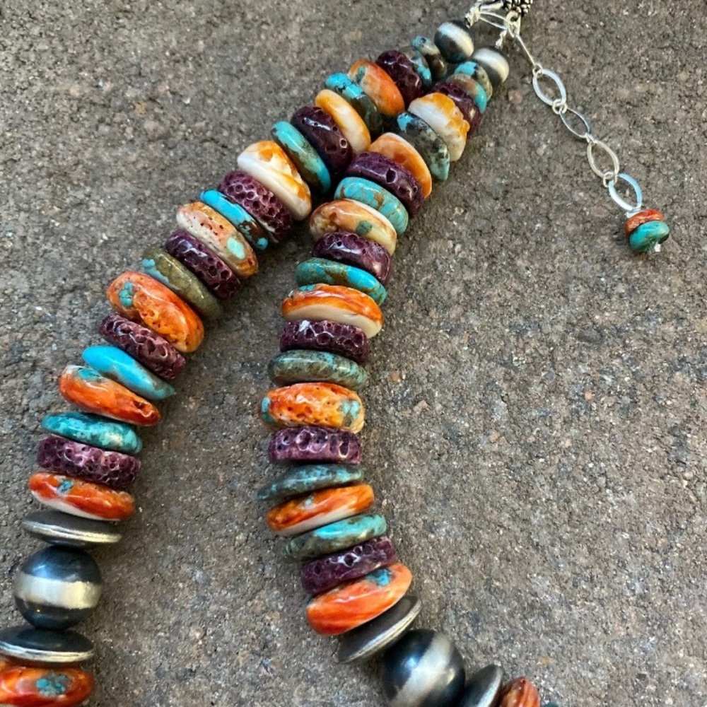 S.S.Multi StoneTurquoiseSpiny Oyster Bead Necklace - Picture 5 of 8